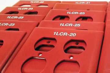 Red Thermoplastic Nylon 2-Gang Outlet Cover Plates With Custom Engraved And White Paint-Filled Label