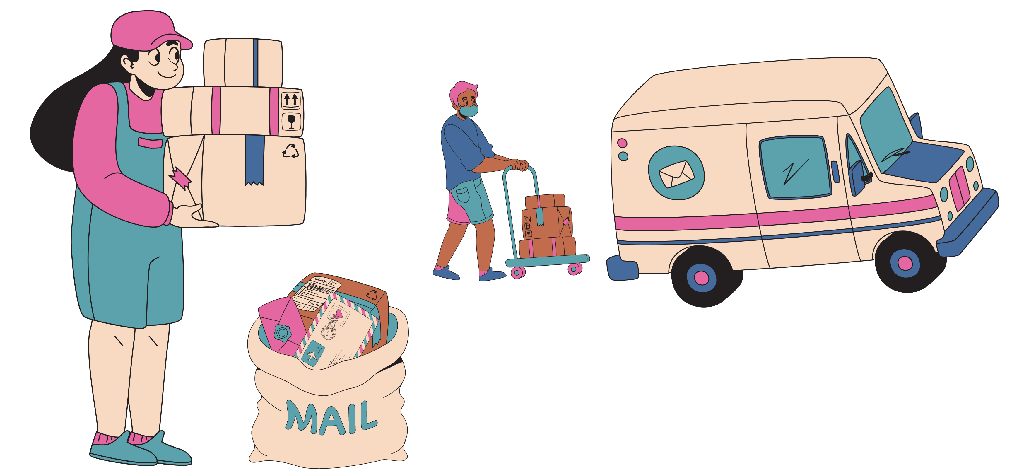 Switch Plate Cover Delivery: Clip-art of mail workers handling packages next to a mail bag and a person loading a delivery truck.