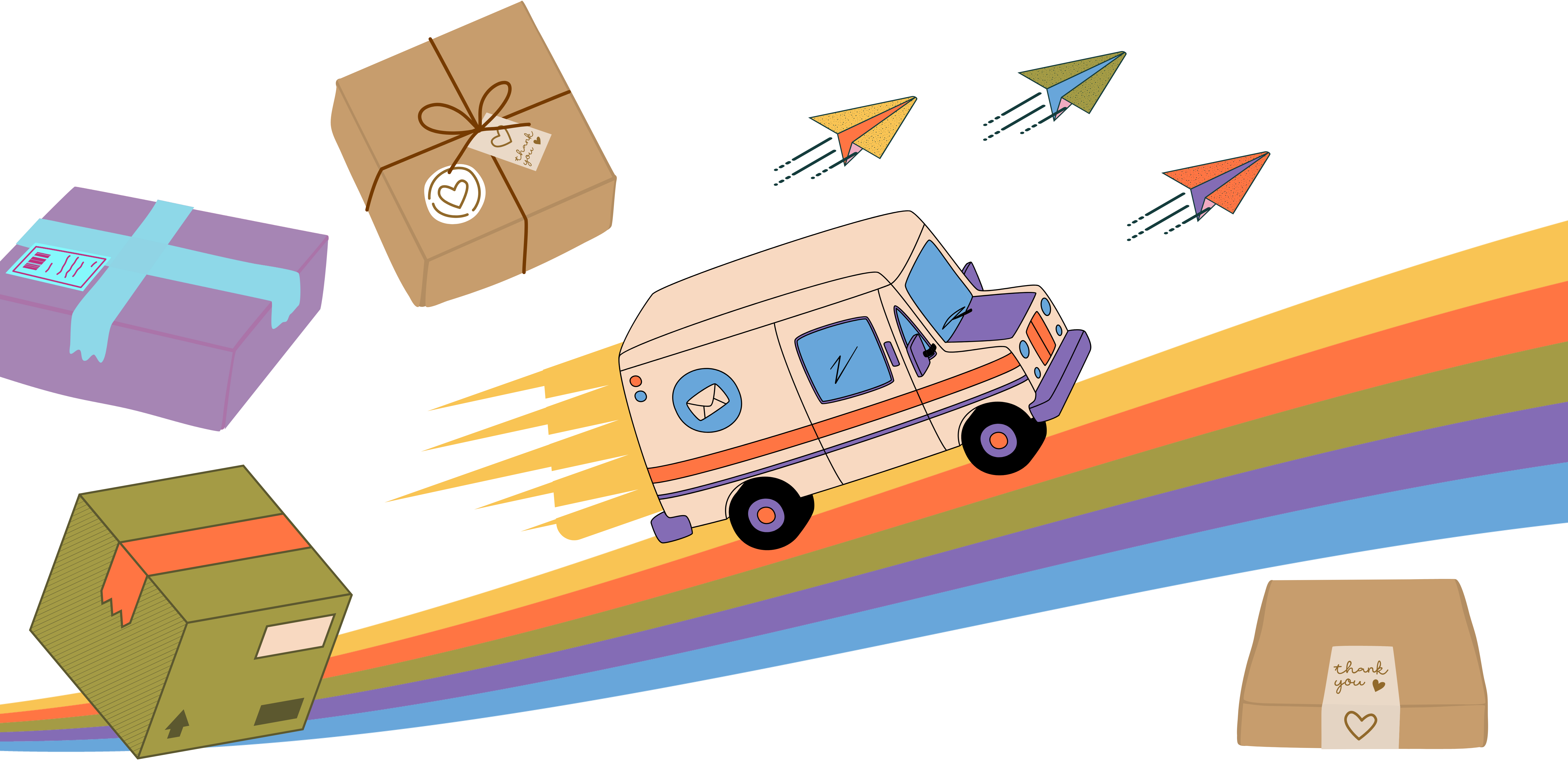 Electrical Outlet Cover Plates Delivery, Clip-art of packages following a colorful mail truck in the air as it drives on a rainbow, led by paper airplanes to symbolize our SUPER FAST DELIVERY AND ORDER FULFILLMENT on Electrical Outlet Cover Plates.